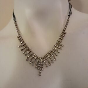 Unbranded - Rhinestone Drop Choker / Necklace With Black Ribbon Tie Back